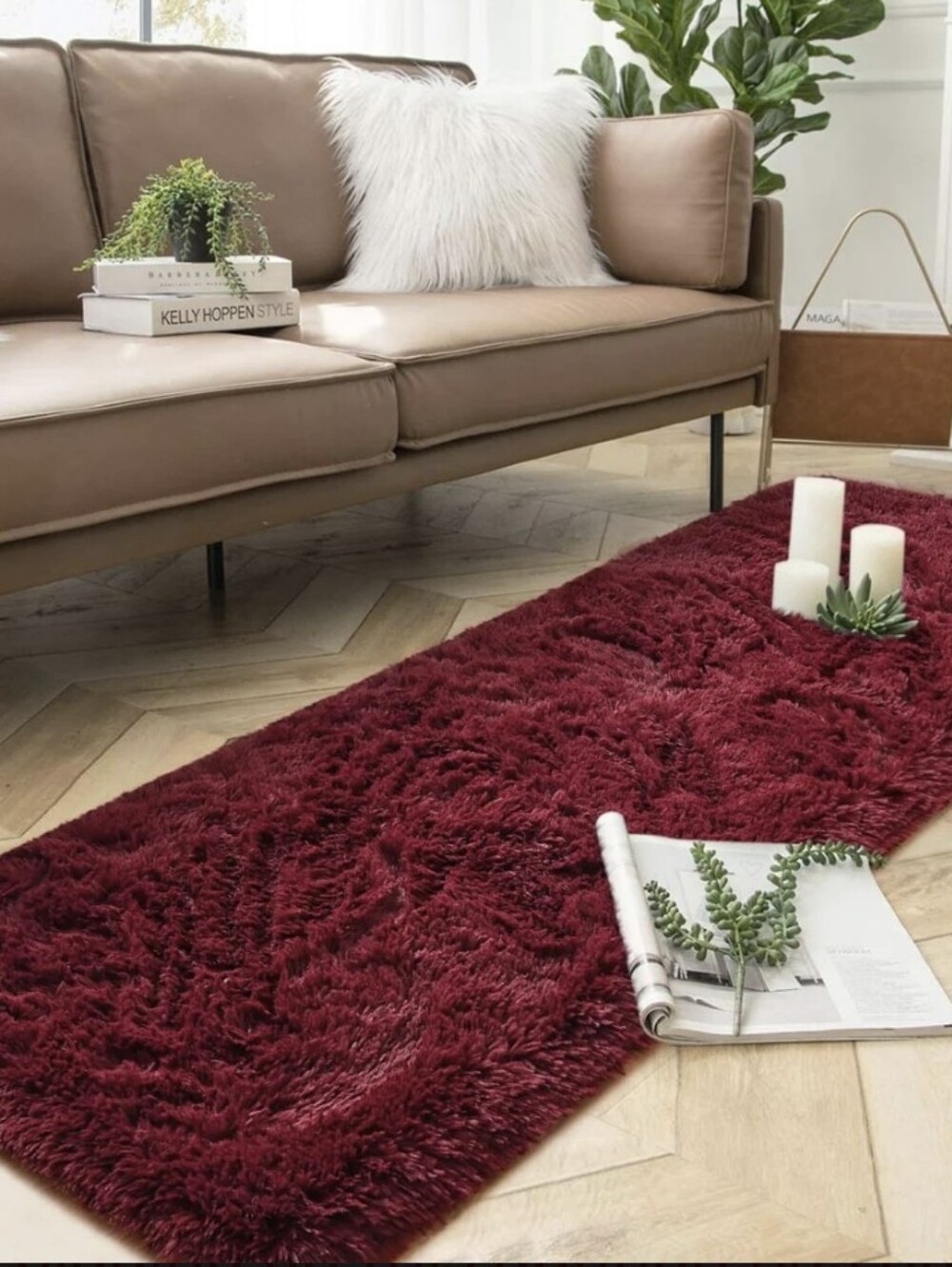 Plush Burgundy Shag Runner Rug - Soft Home Bath Accent